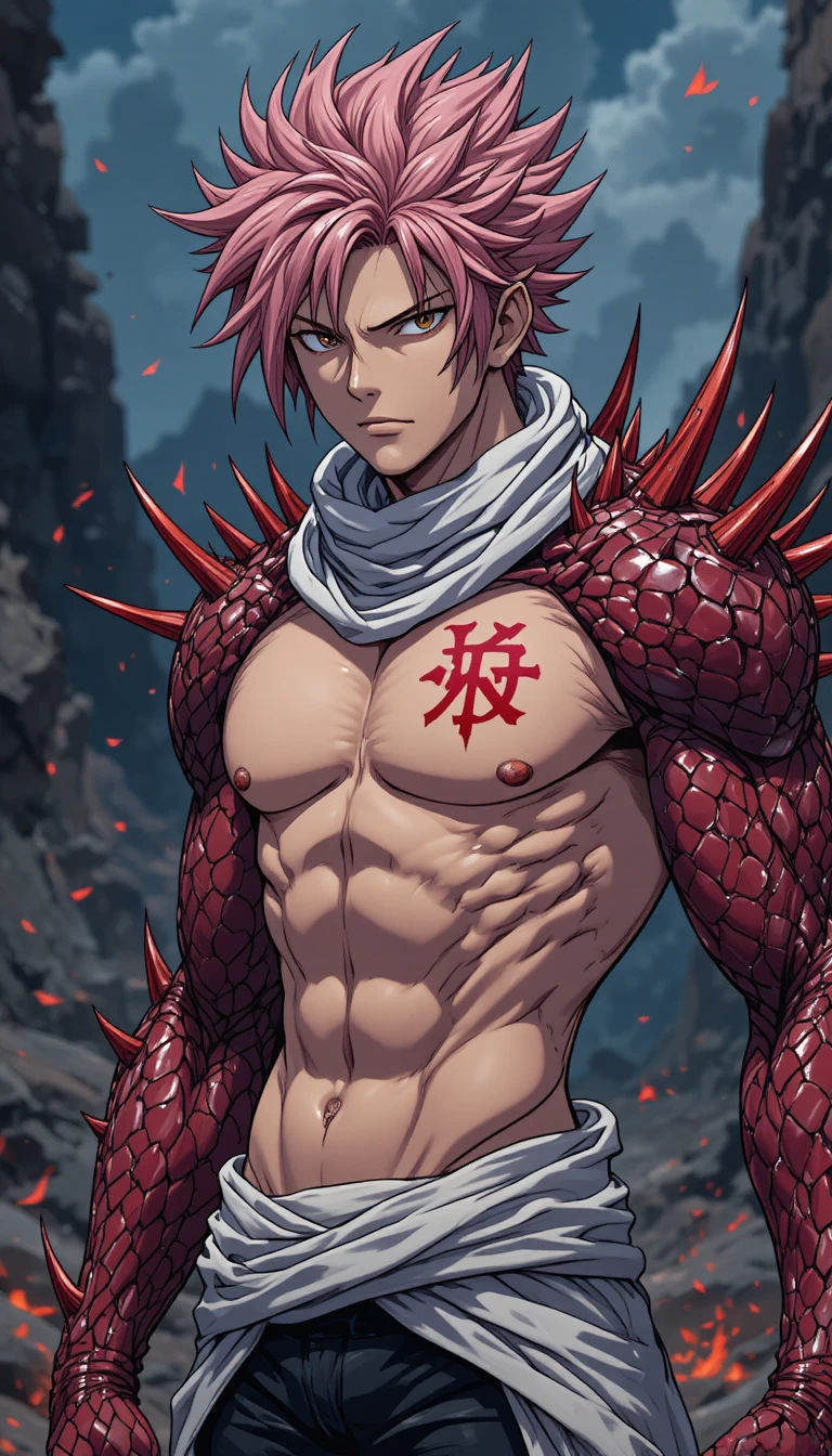 Guerrier d’anime au bras de dragon dans un désert rocailleux embrasé