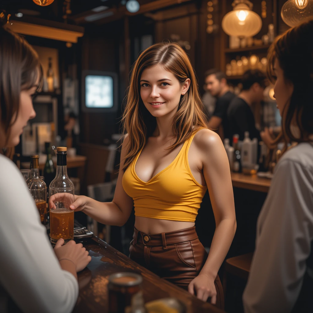 Jovem servindo bebidas em um bar escuro