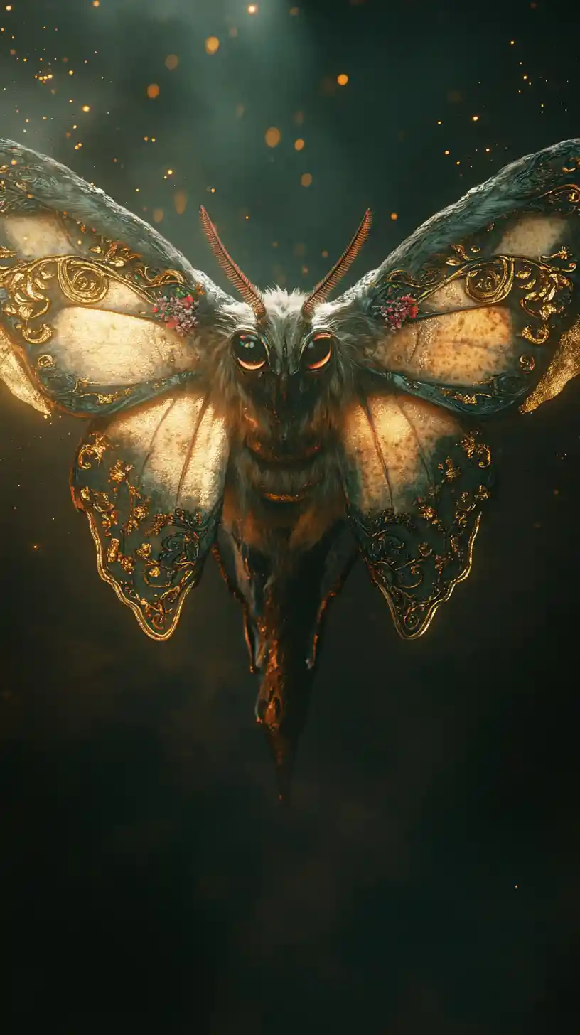 Golden manuscript moth hovering in a dark enchanted space