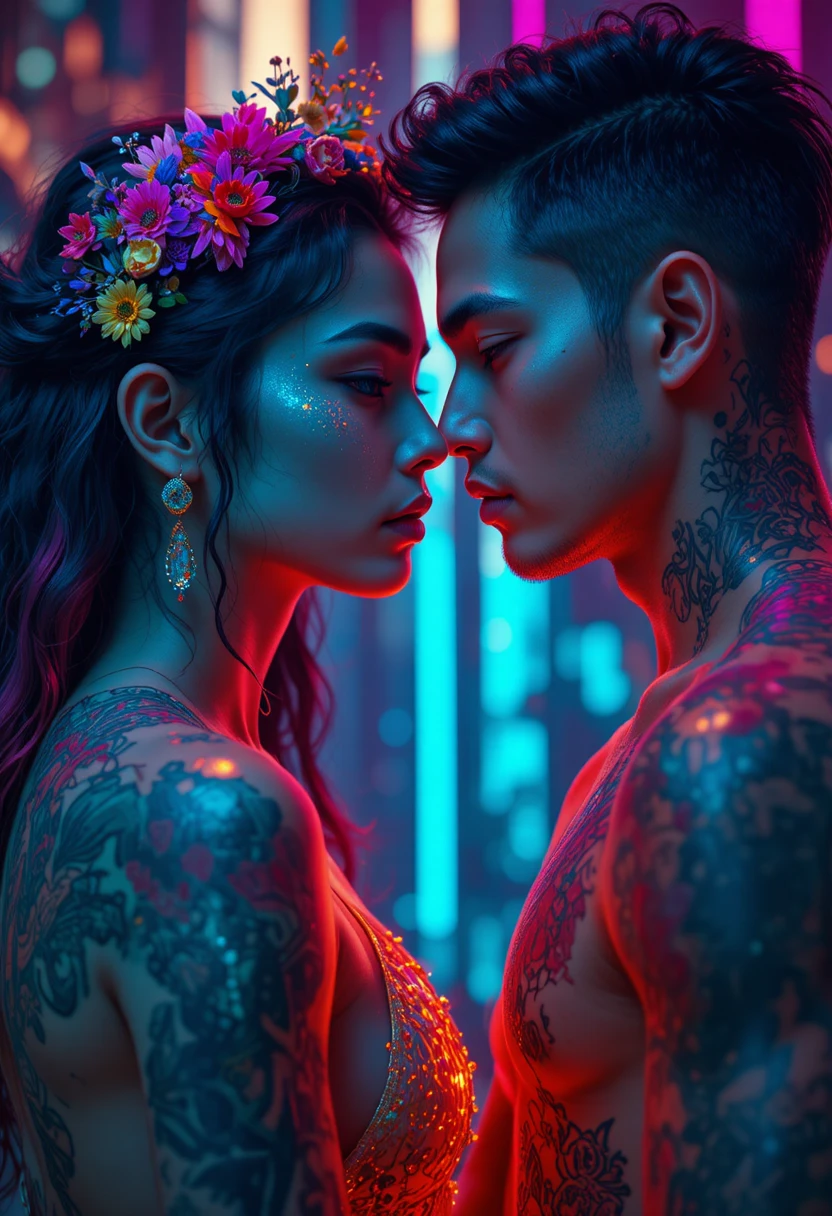Coppia latina fianco a fianco in brillanti colori neon