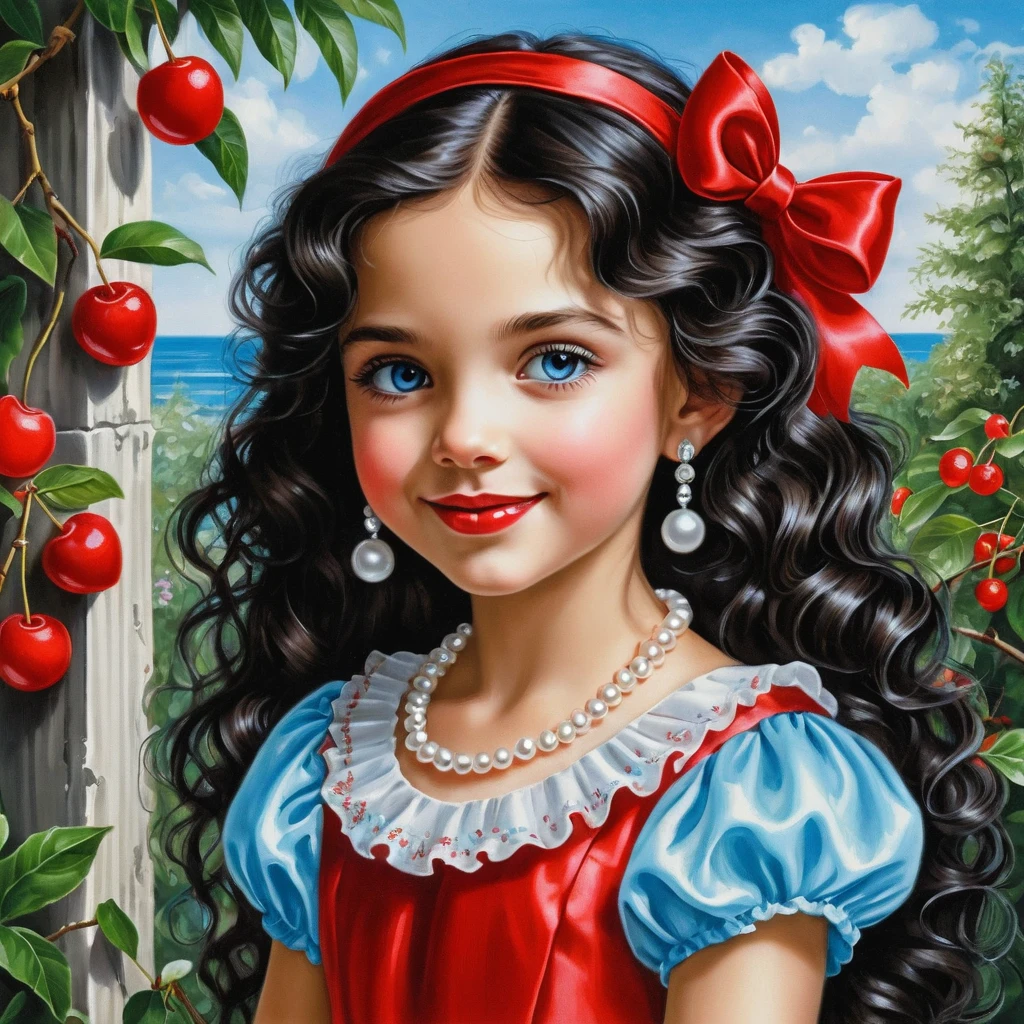 Fille souriante en robe de satin rouge avec cheveux noirs bouclés
