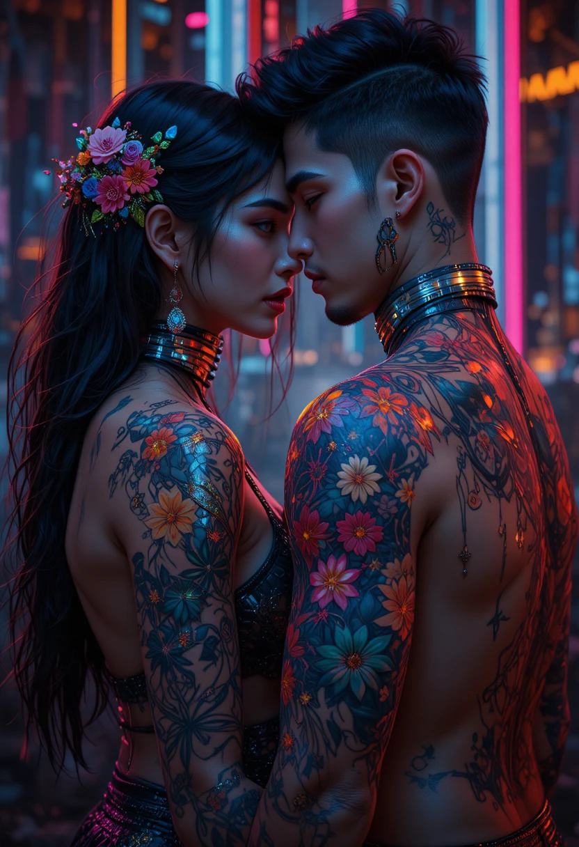 Porträt eines lateinamerikanischen Paars mit leuchtenden Neon-Cyberpunk-Farben