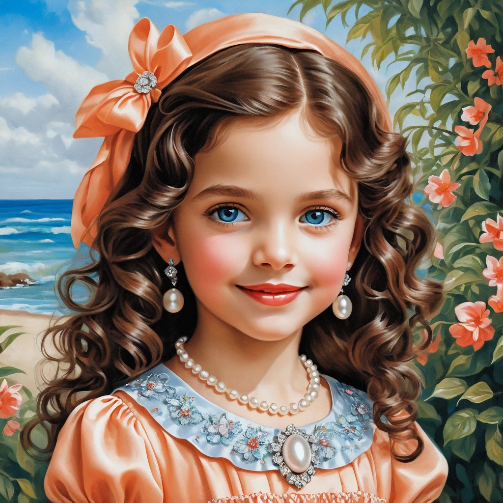 Retrato de menina sorridente de cabelo cacheado em vestido de cetim pêssego