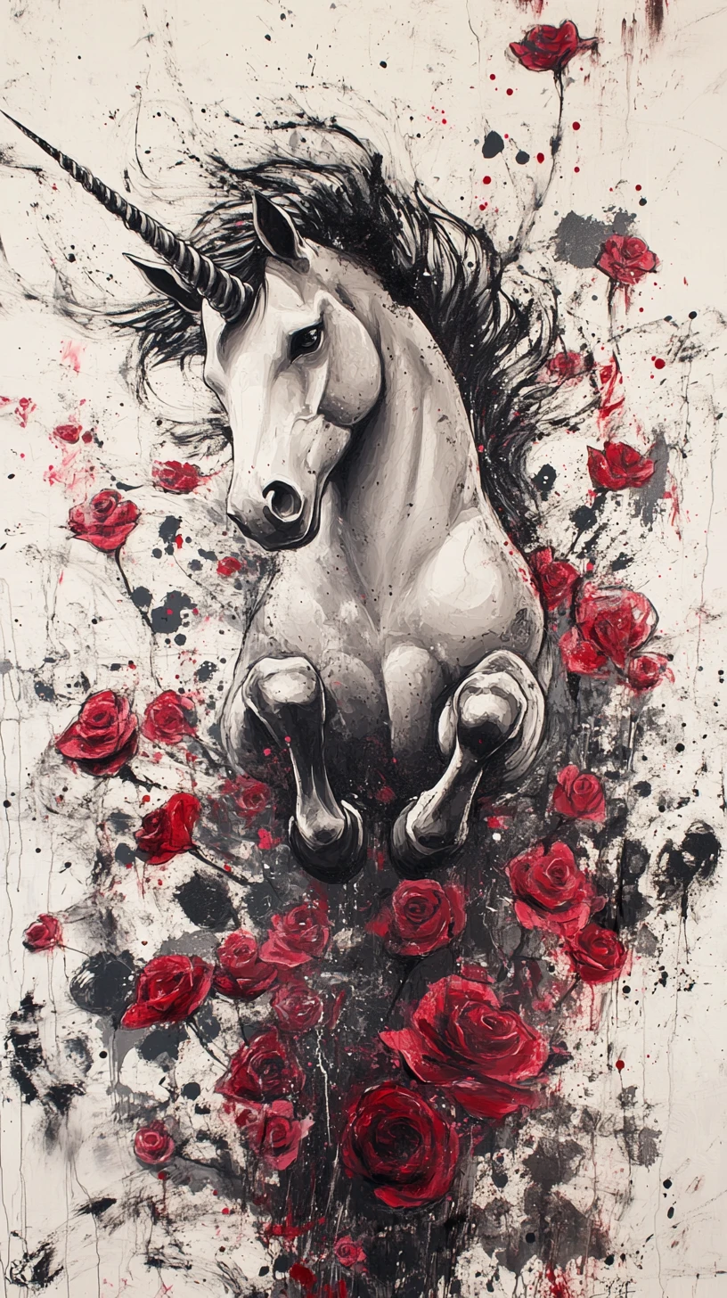 Unicorno astratto formato da schizzi d'inchiostro e rose in fiore