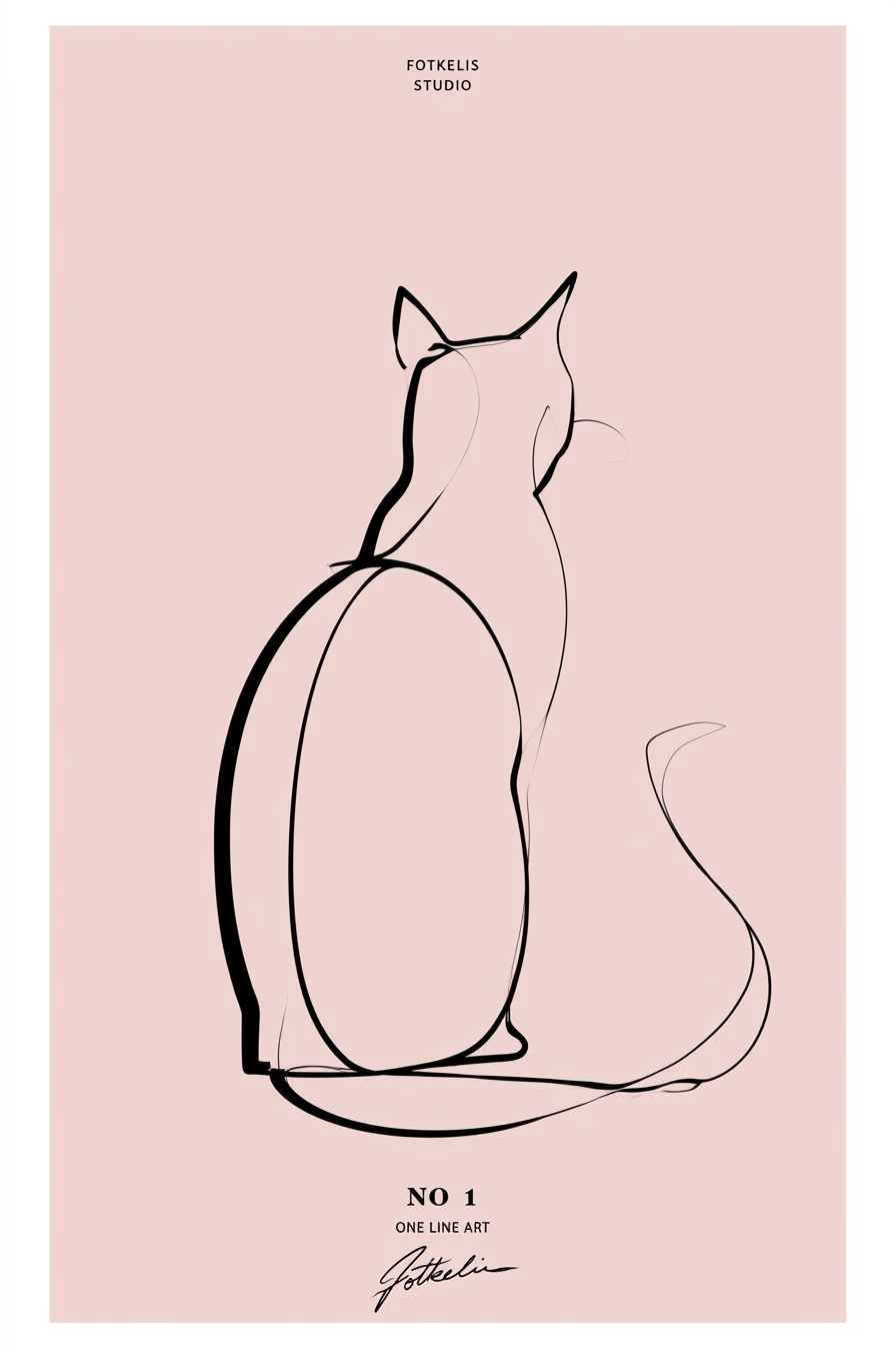 Desenho minimalista de gato em uma única linha em fundo rosado