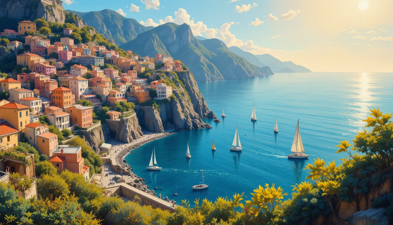 Vue impressionniste d’une ville côtière ensoleillée de la côte Amalfitaine