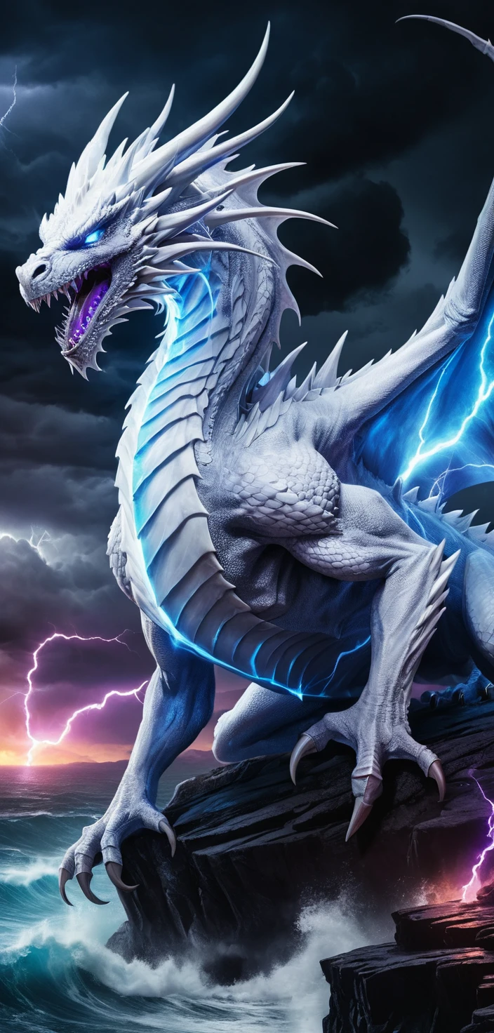 Dragão branco com olhos de fogo azul em penhasco marítimo tempestuoso