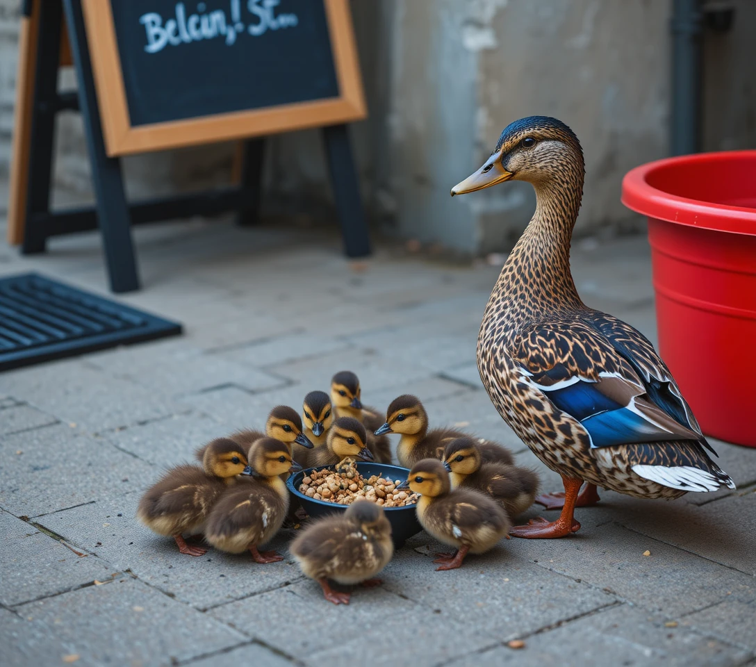 Pata com patinhos em superfície urbana pavimentada