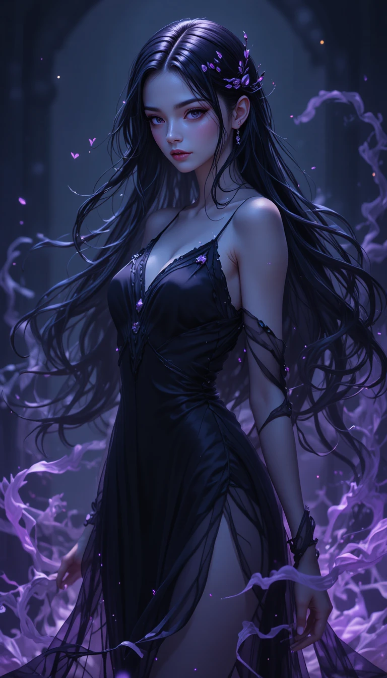 Anime ghost girl with violet eyes and flowing dark dress