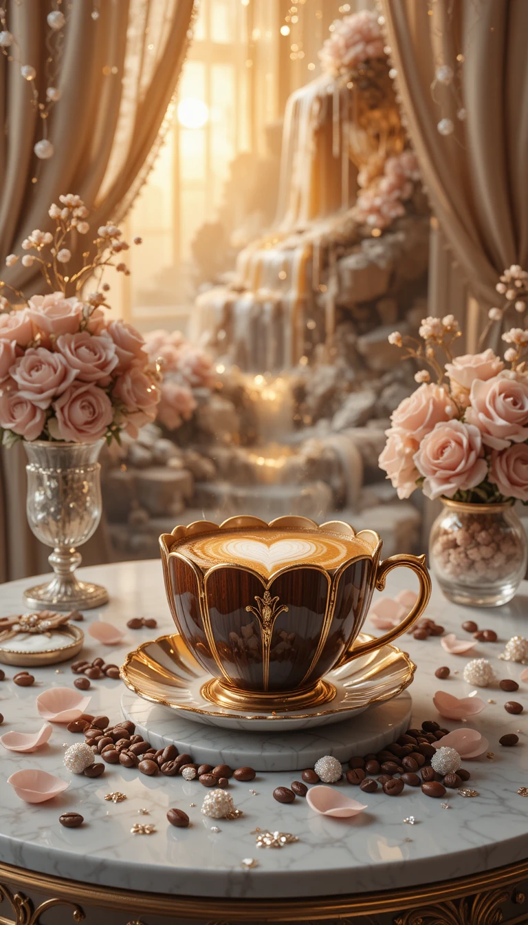 Gros plan romantique d’un café latte art sur table en marbre