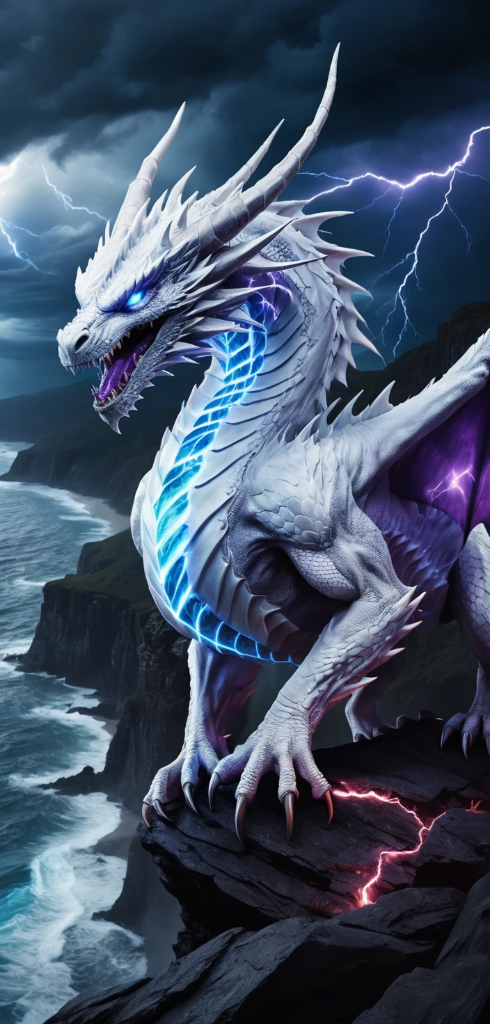 Dragão branco com olhos de fogo azul em penhasco sobre oceano tempestuoso