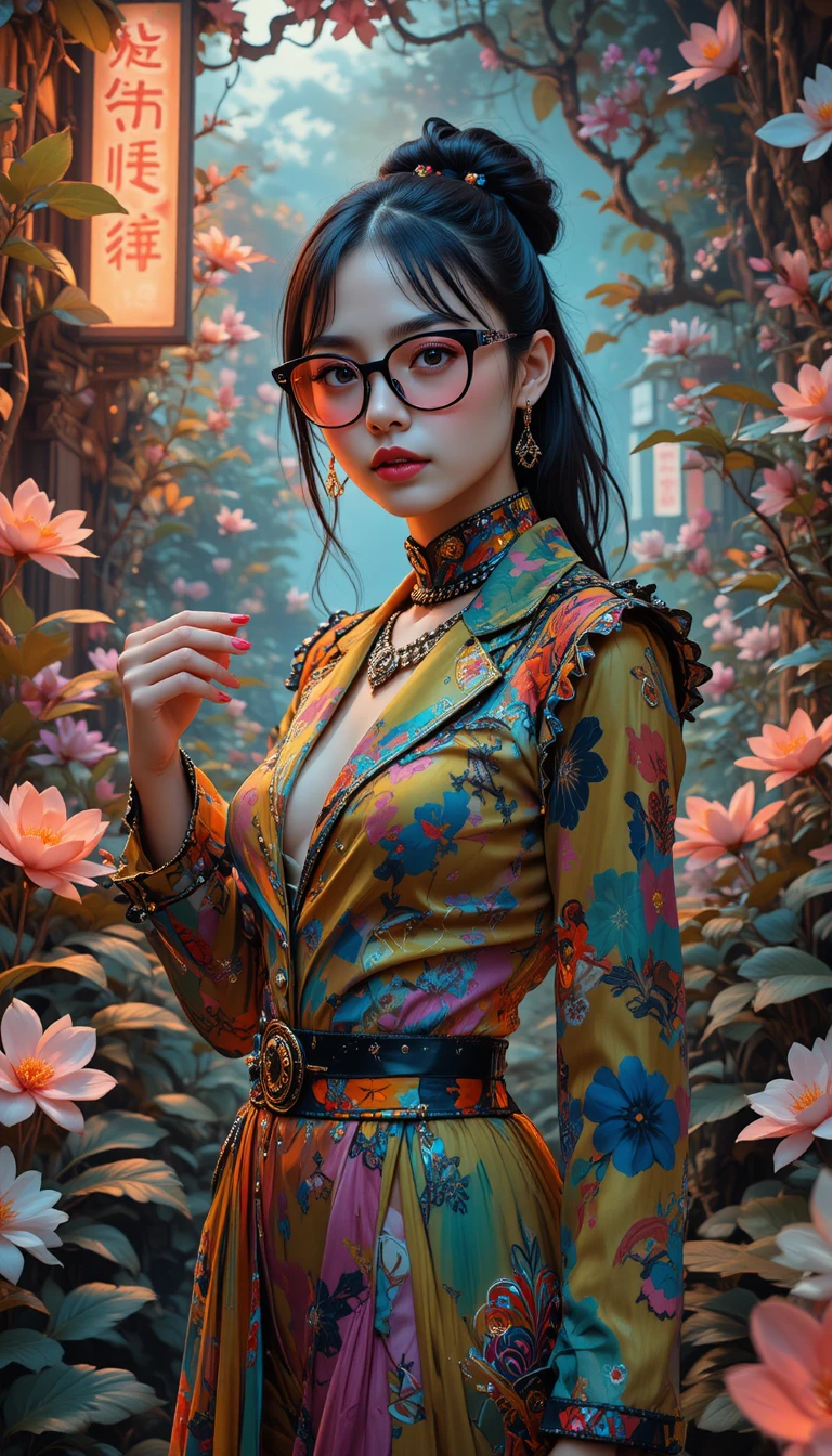 Femme surréaliste en mode avant-gardiste dans une jungle lumineuse