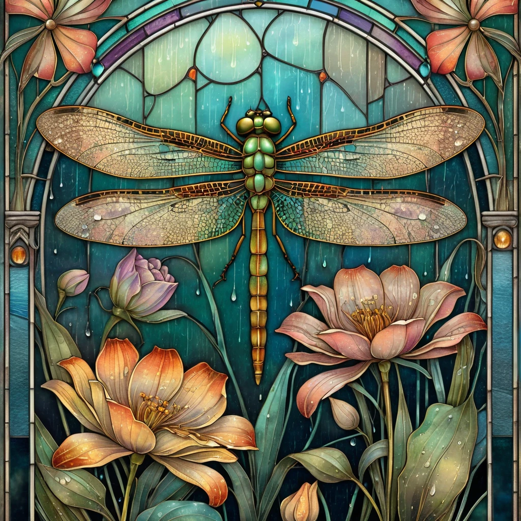 Libellule au-dessus de Fleurs dans une Élégante Scène de Pluie Art nouveau