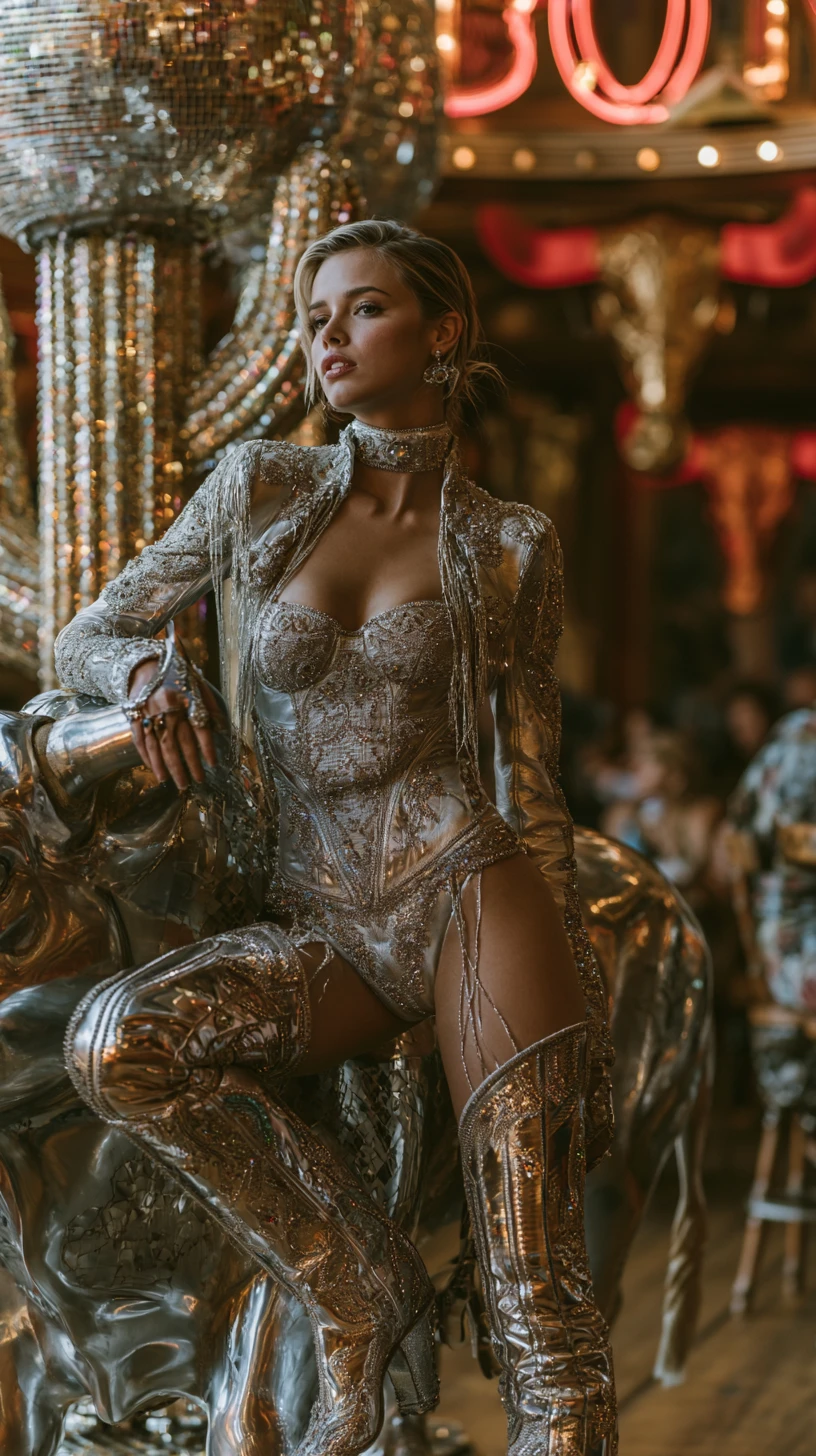 Cowgirl-Queen posiert am mechanischen Bullen im Neon-Saloon