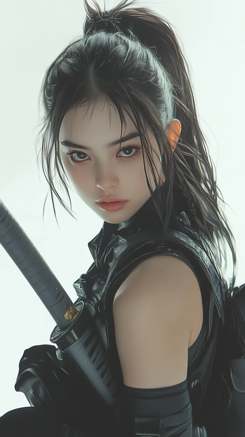 冷靜女武士蹲姿的極簡攝影棚場景