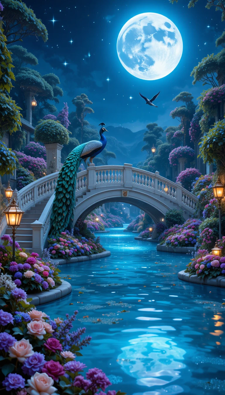 Maestoso pavone su un ponte al chiaro di luna in un giardino incantato
