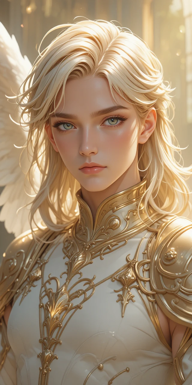 Homme angélique aux yeux dorés et aux ailes blanches, style anime