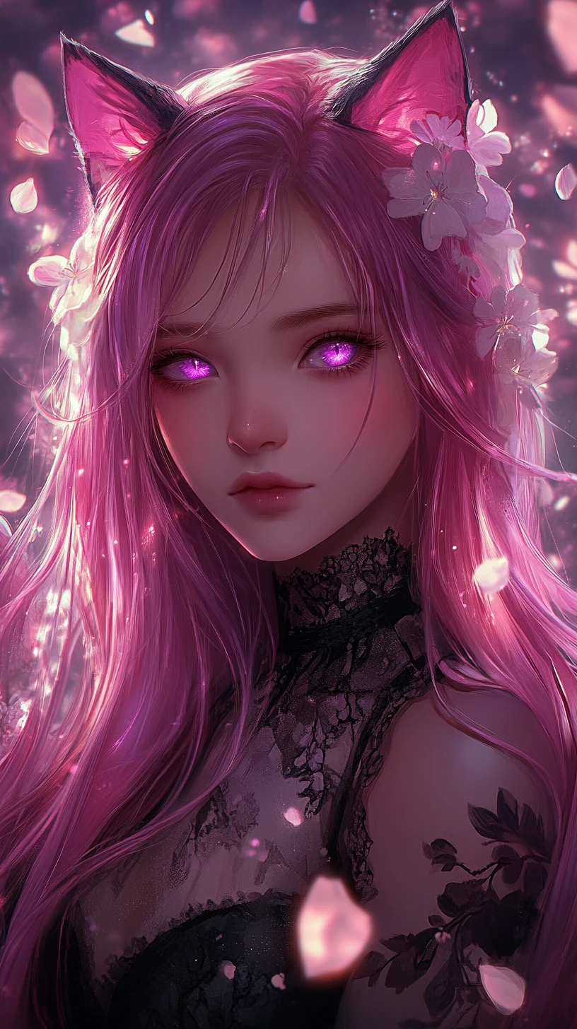 빛나는 꽃과 보케 효과 속 분홍 머리 애니메이션 소녀