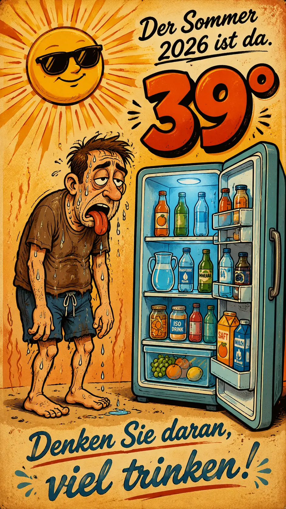 Retro-Cartoon-Poster eines Mannes in extremer Sommerhitze