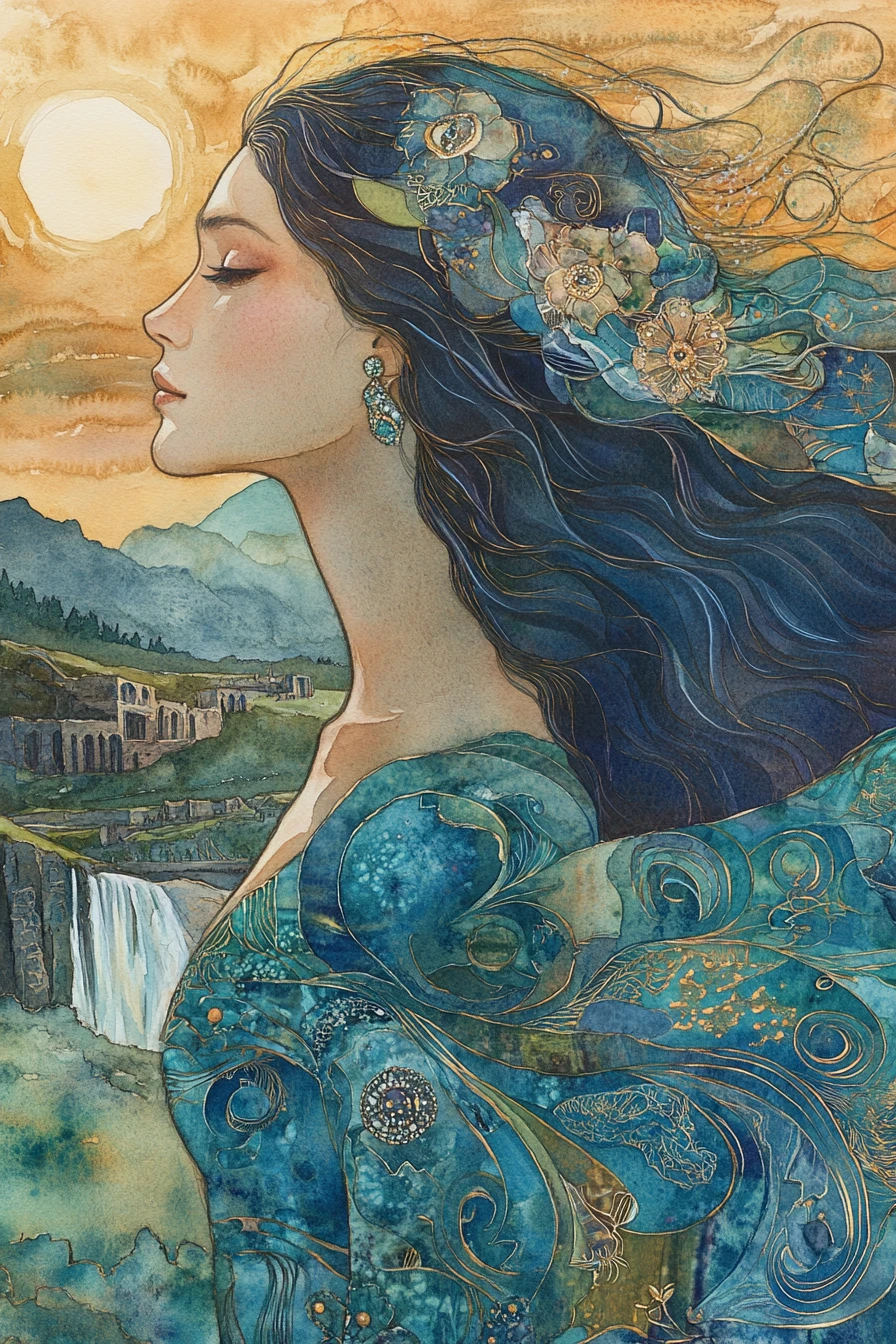 Perfil em aquarela de uma mulher em um vestido turquesa