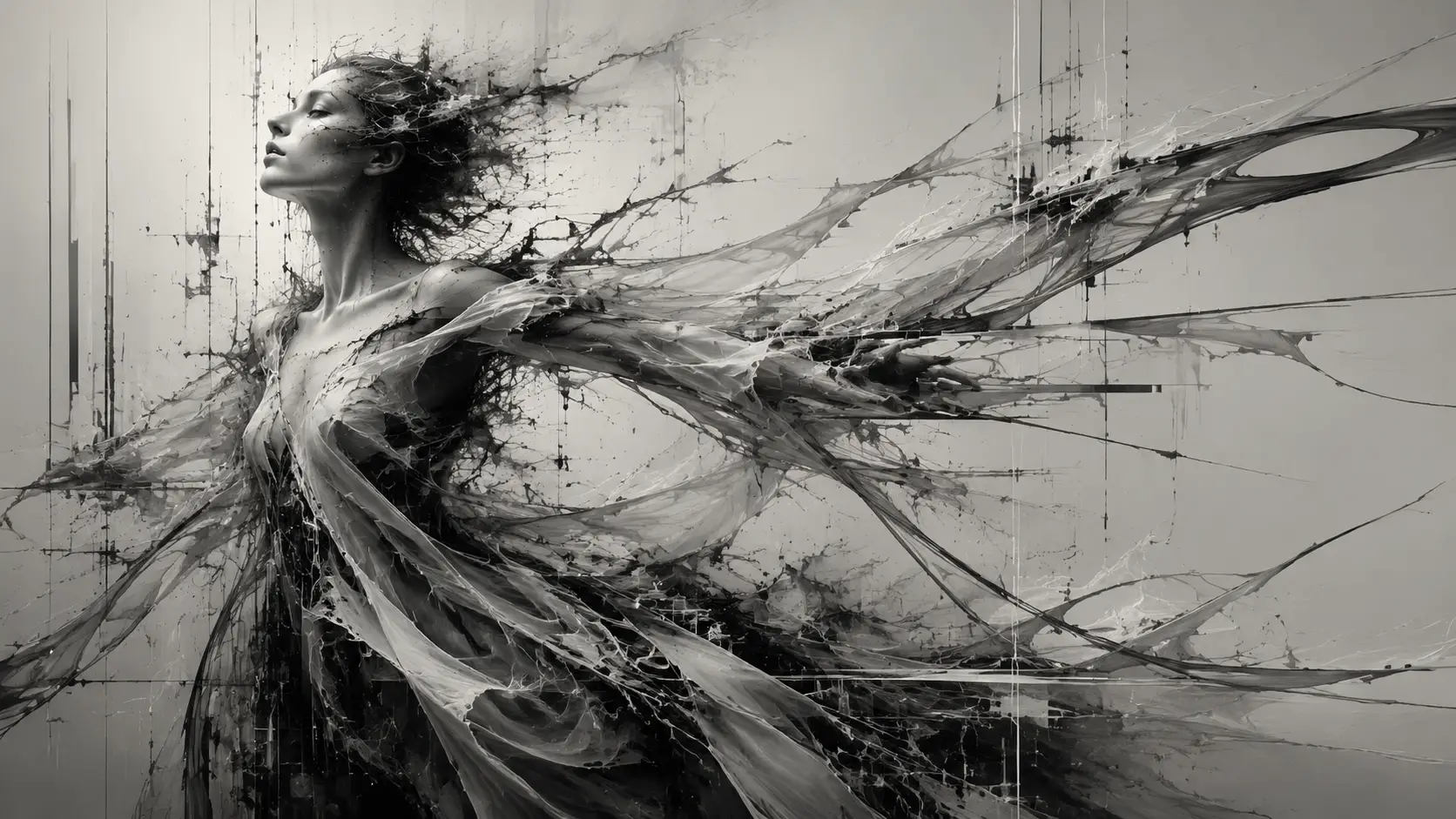 Grayscale Abstract Form Unraveling Into Elongated Flowing Shapes