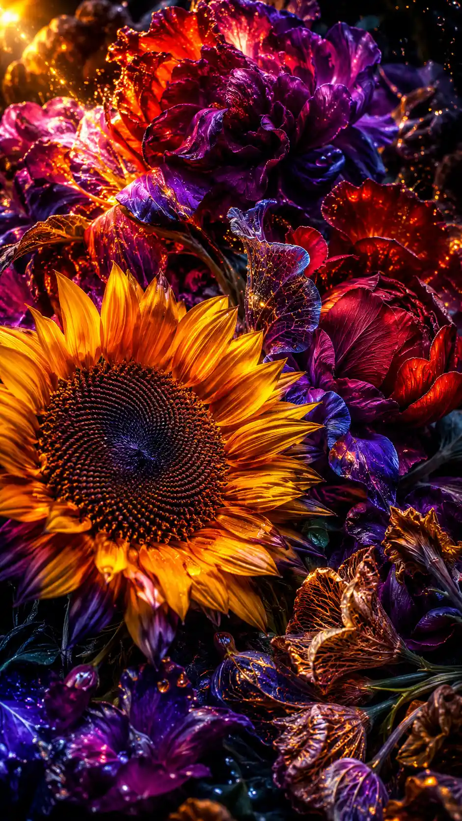 Vivid close up of a single sunflower with rich blossoms