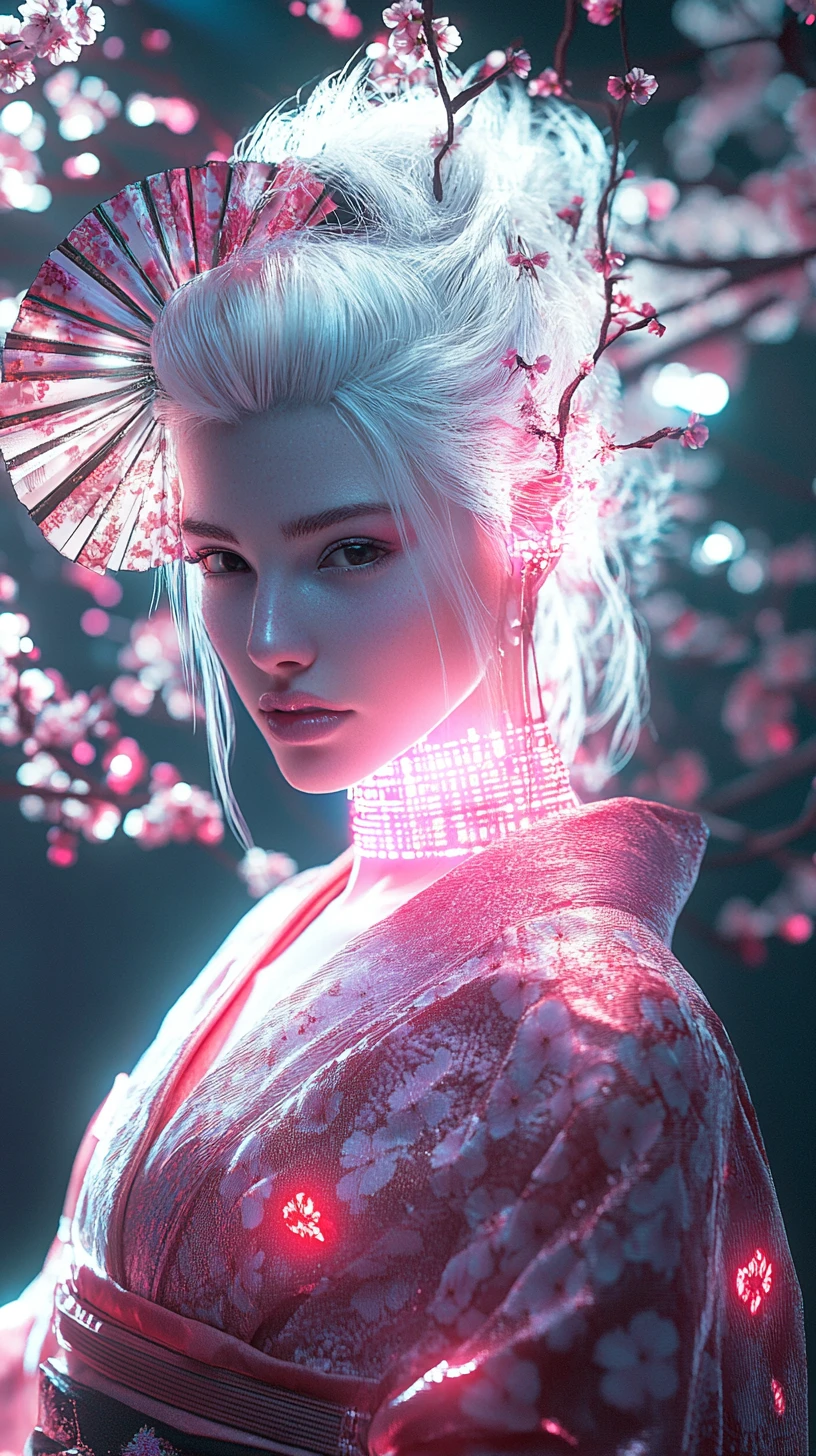 Mujer de cabello blanco con kimono cyberpunk rosa brillante