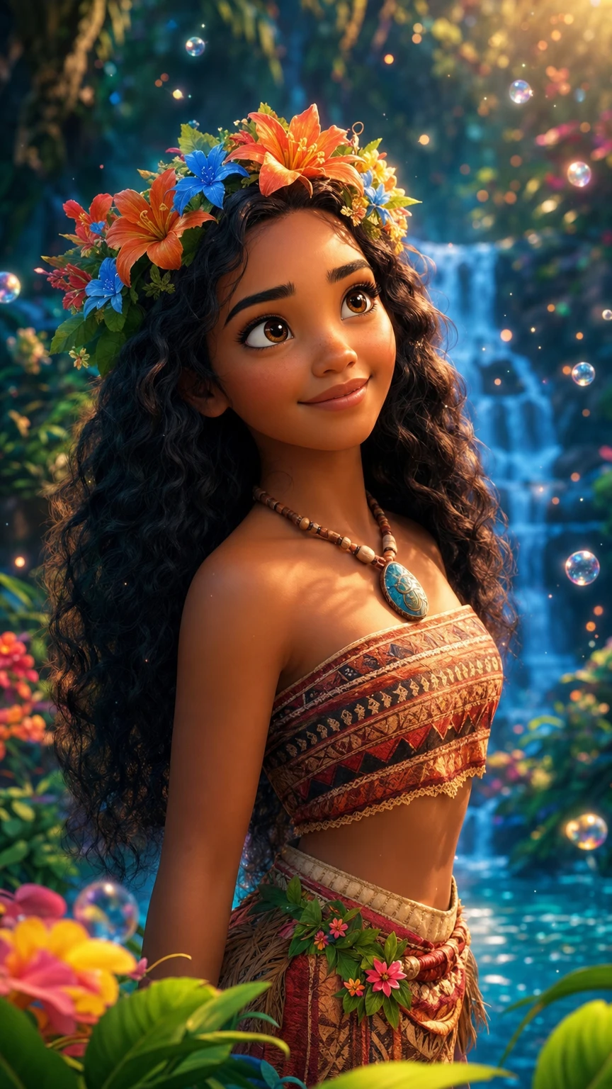 Young island girl smiling in a magical jungle