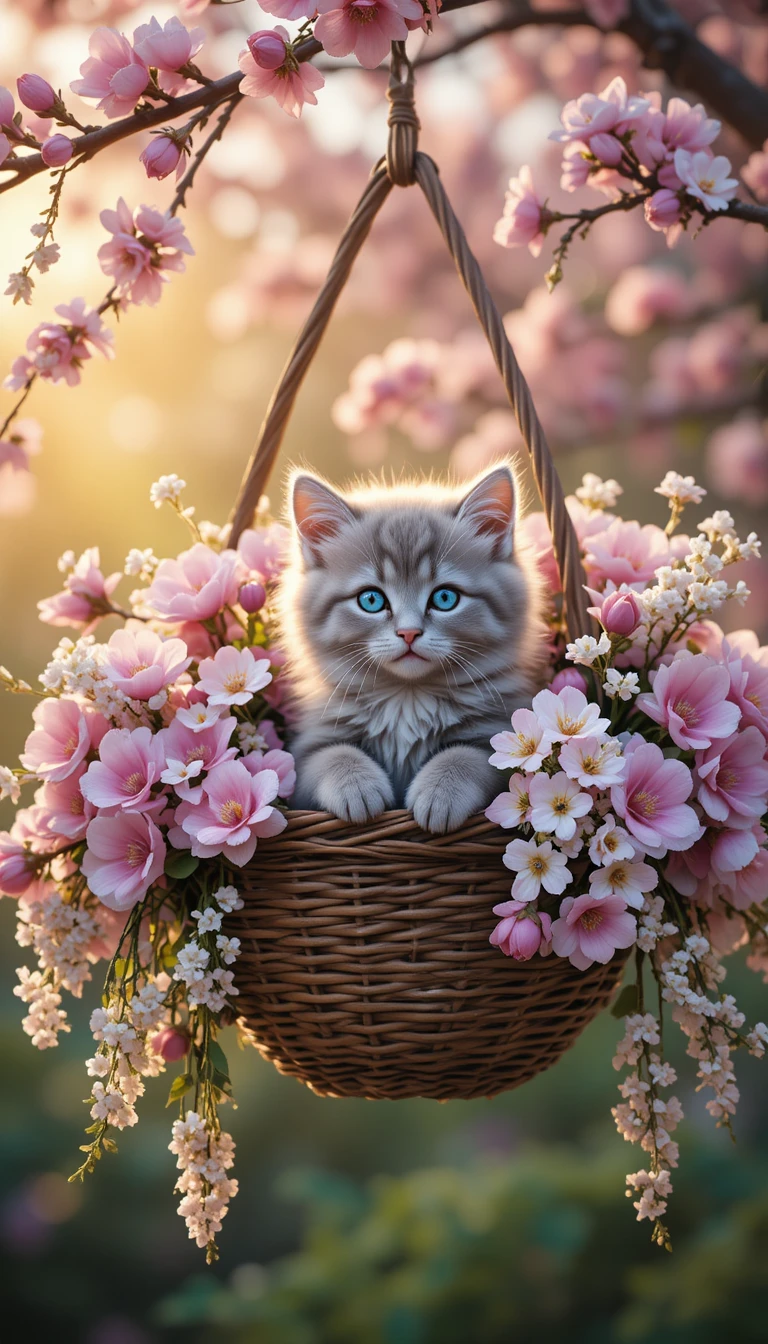 Gatinho prateado em cesto suspenso florido em jardim ensolarado
