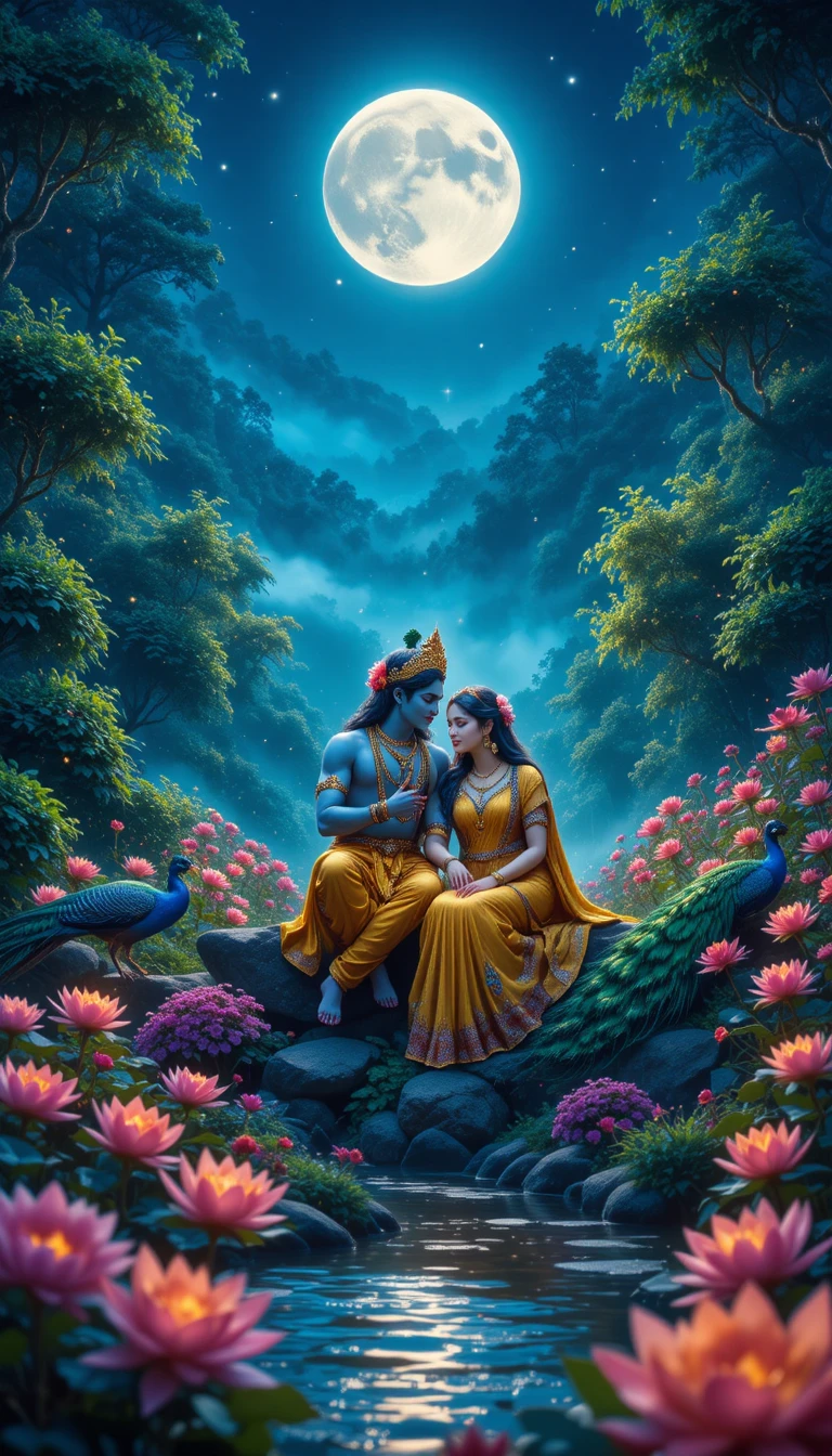 Sagrada pareja de Radha y Krishna en un jardín forestal a la luz de la luna