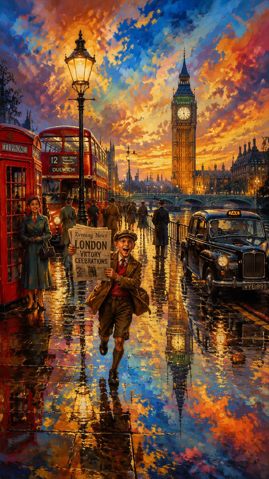 Rue animée de Londres avec bus et reflets lumineux sur la rivière