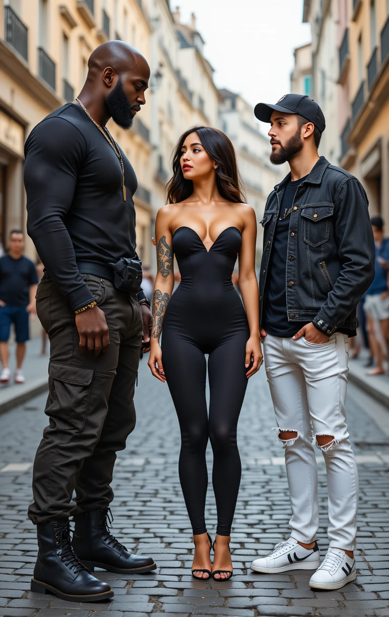 Trio standing on a cobblestone European city street