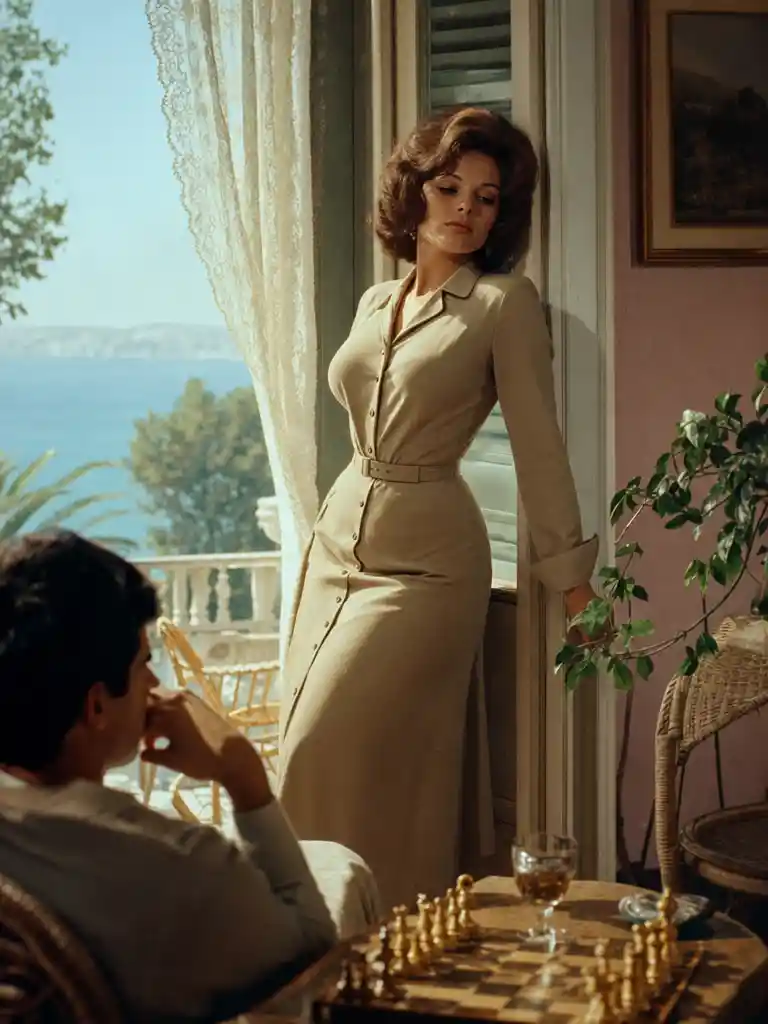 Elegante donna in stile francese nella morbida luce solare cinematografica