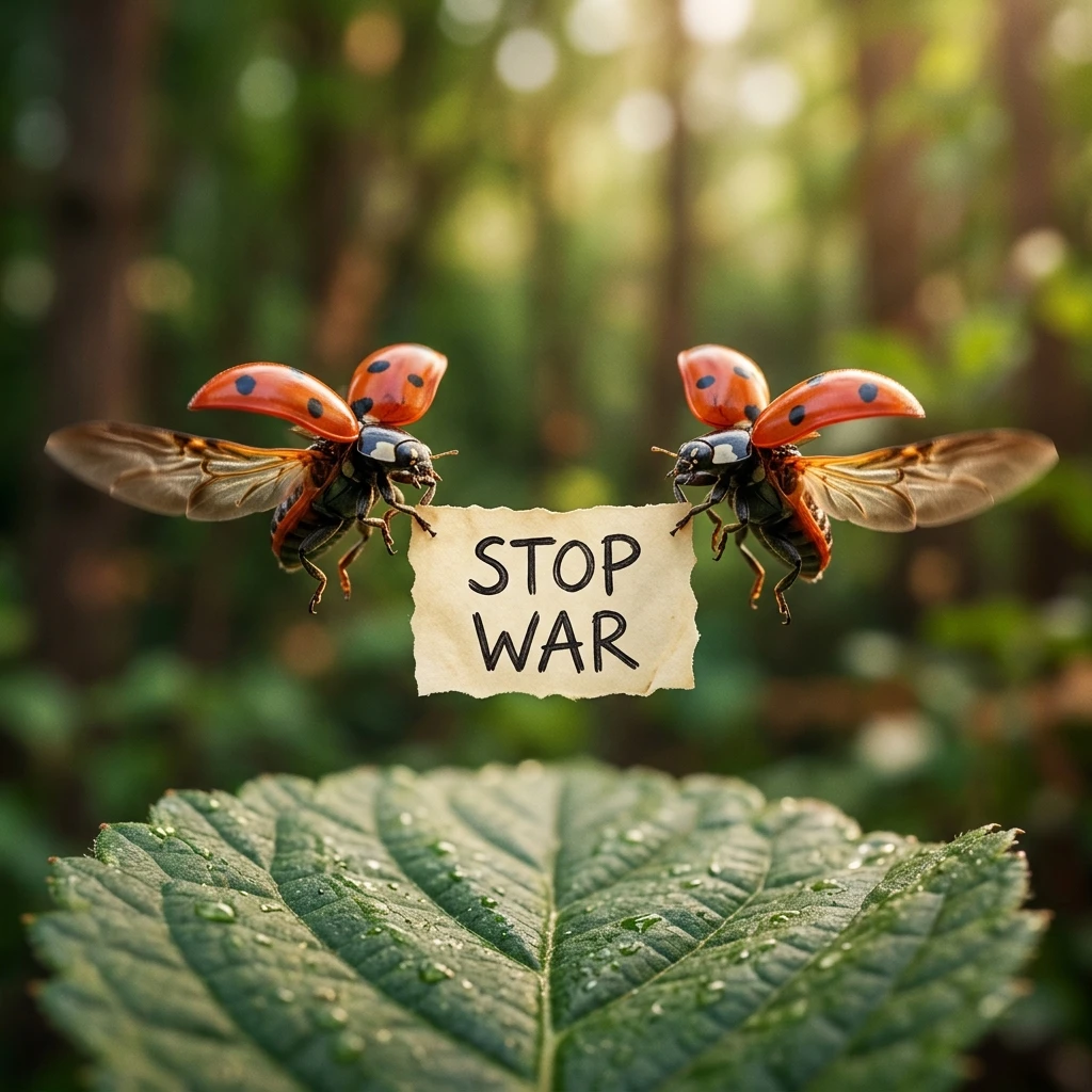 Macro di due coccinelle in volo con cartello stop alla guerra