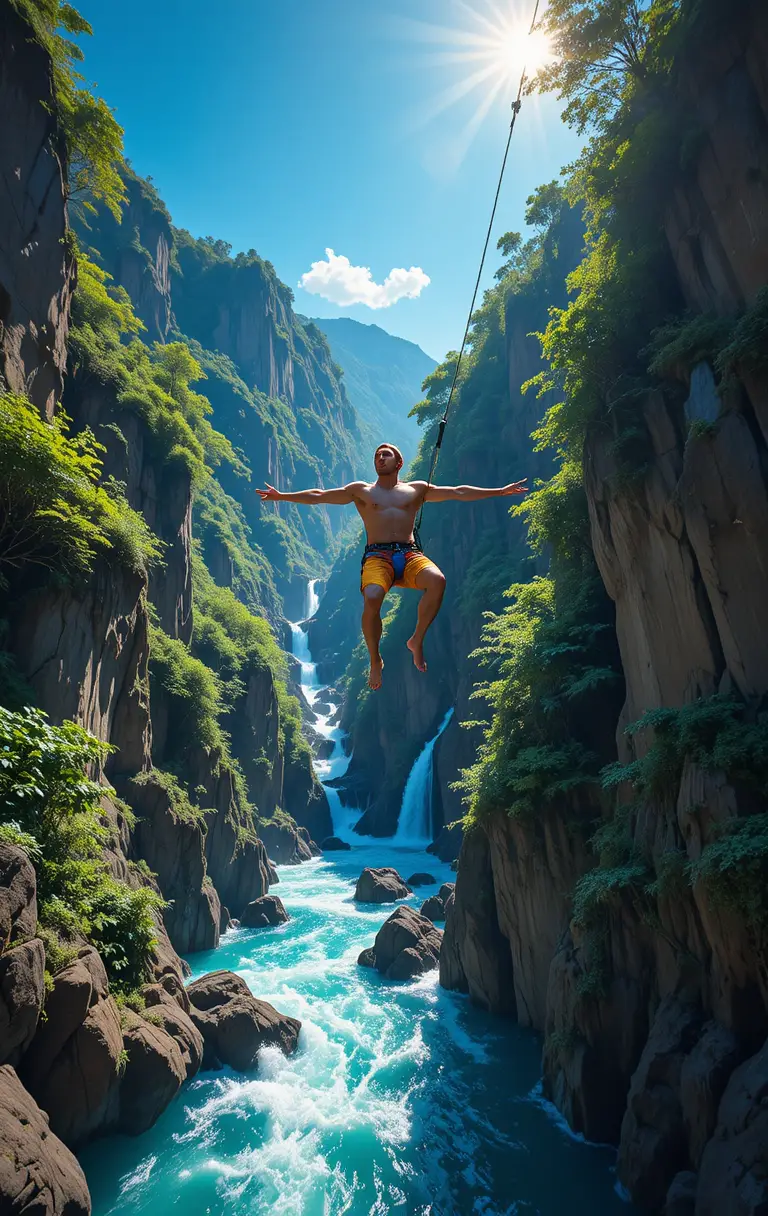 Uomo che fa bungee jumping sopra una gola fluviale selvaggia