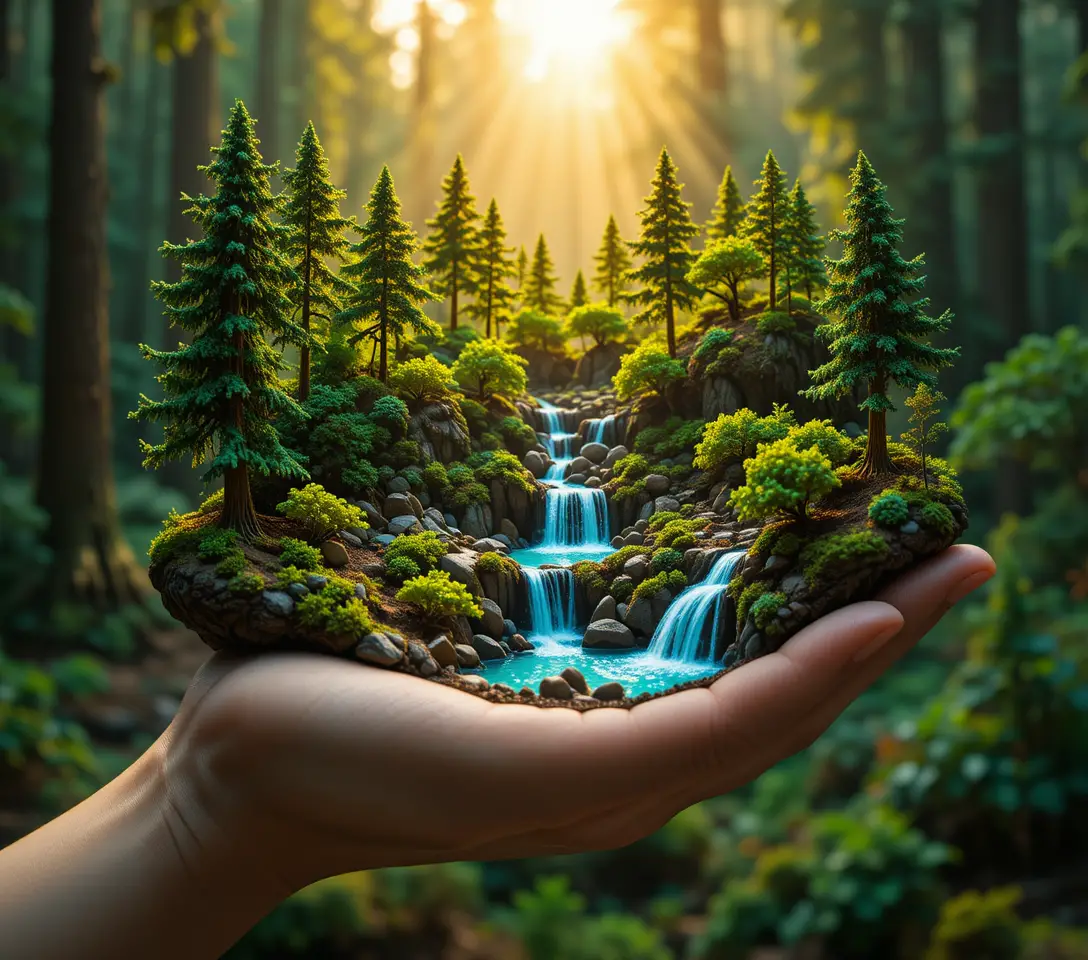 Diorama di foresta in miniatura con cascate tenuto in una mano