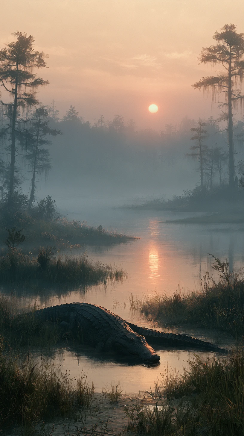 Alligator, der in einem Sumpf bei der Dämmerung im dunklen Wasser lauert