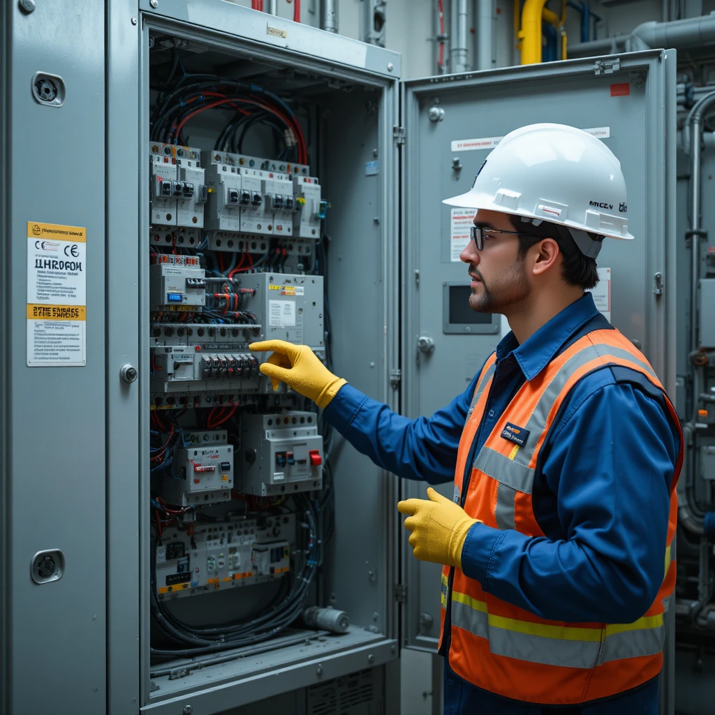 Engenheiro elétrico ensinando segurança de disjuntores em miniatura