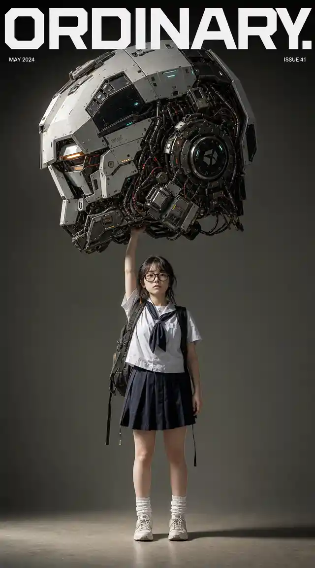 Anime-Schülerin hebt einen massiven futuristischen Mecha-Kopf