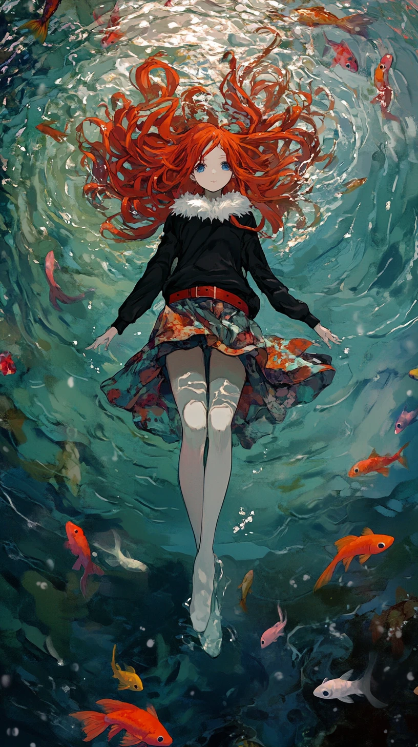 Garota de anime ruiva flutuando em água ondulante