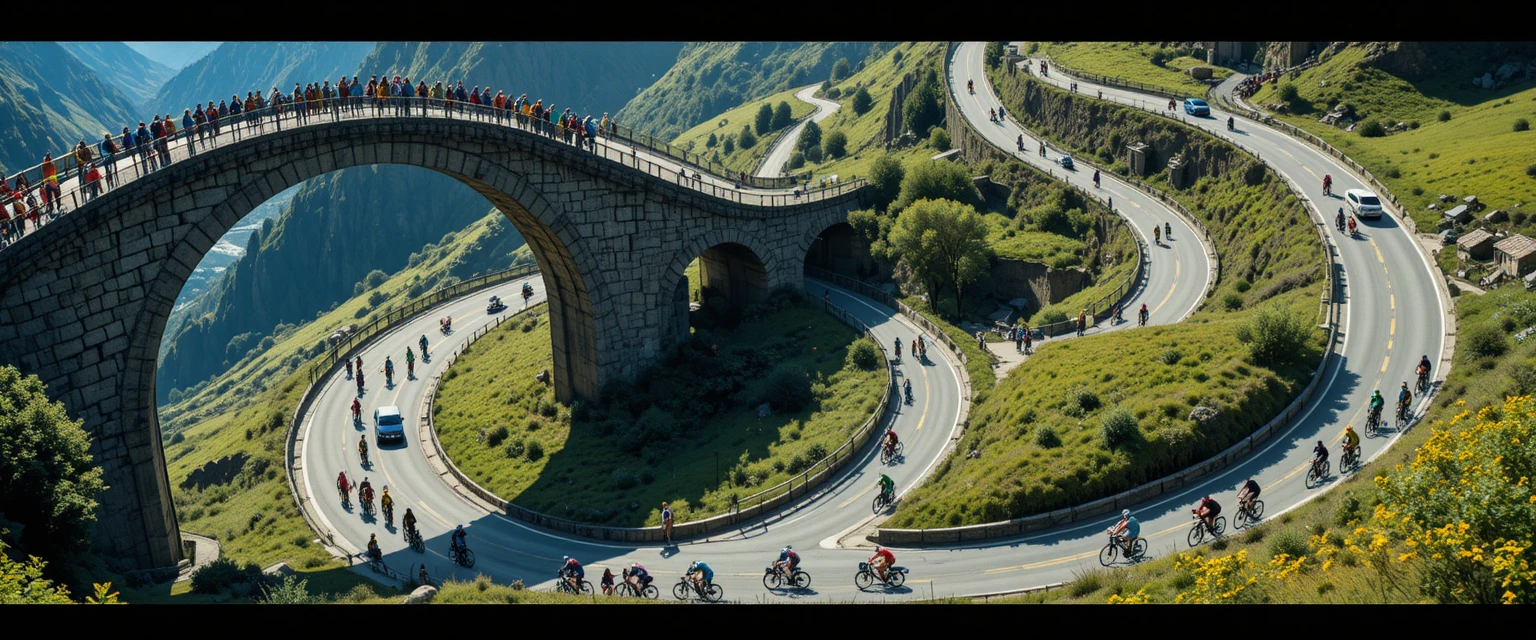 Ciclistas serpenteando por una carretera de montaña vistos desde arriba