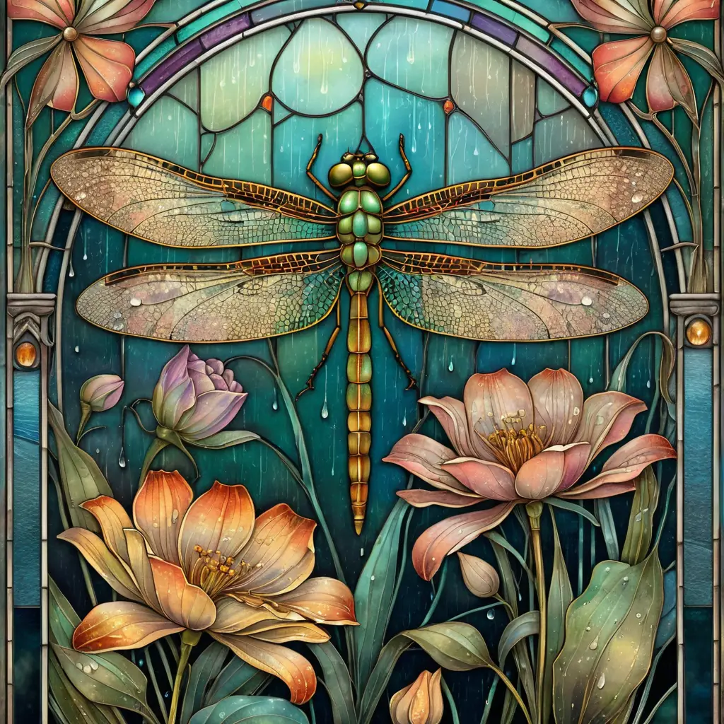 Libelle über Blumen in eleganter Jugendstil-Regenszene