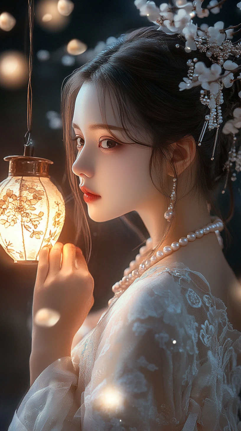 燈籠照亮的華麗古風服飾幻想少女