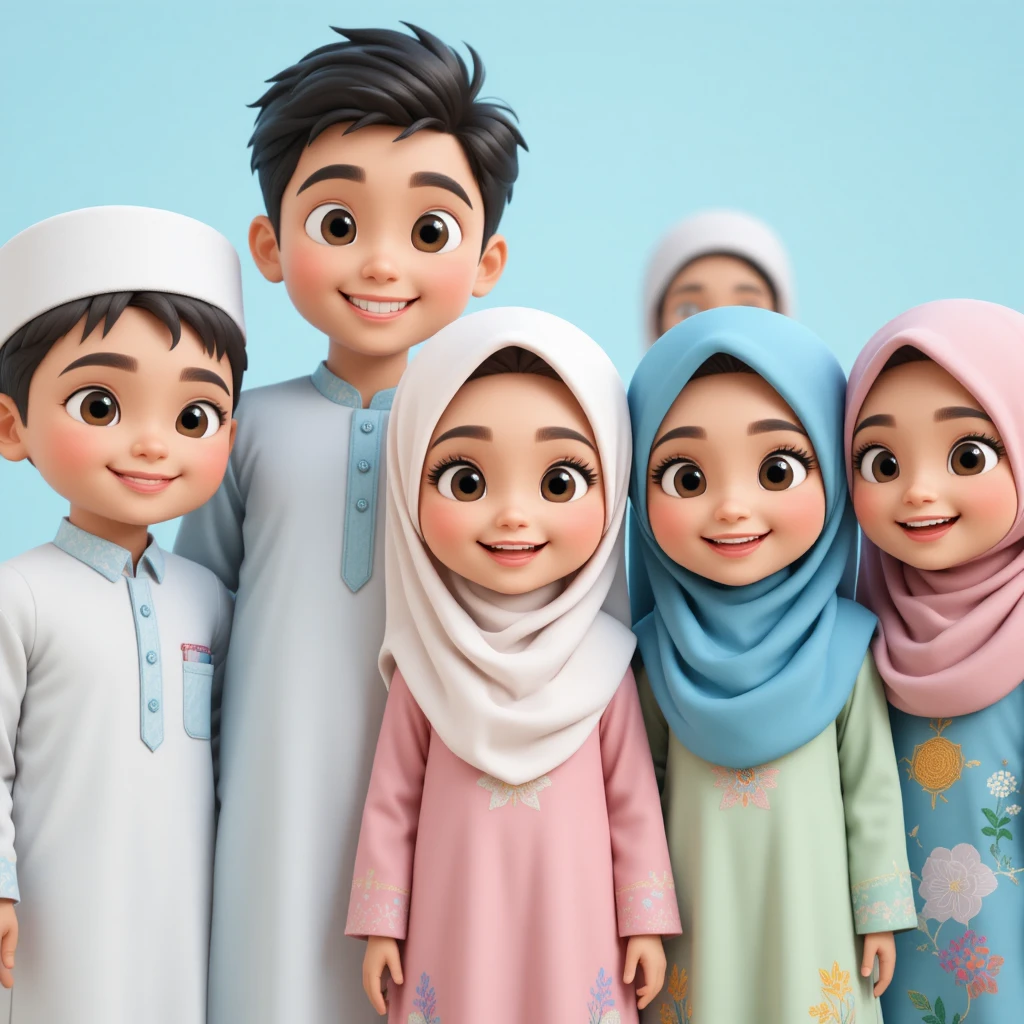 Enfants souriants en 3D style dessin animé en tenue traditionnelle islamique
