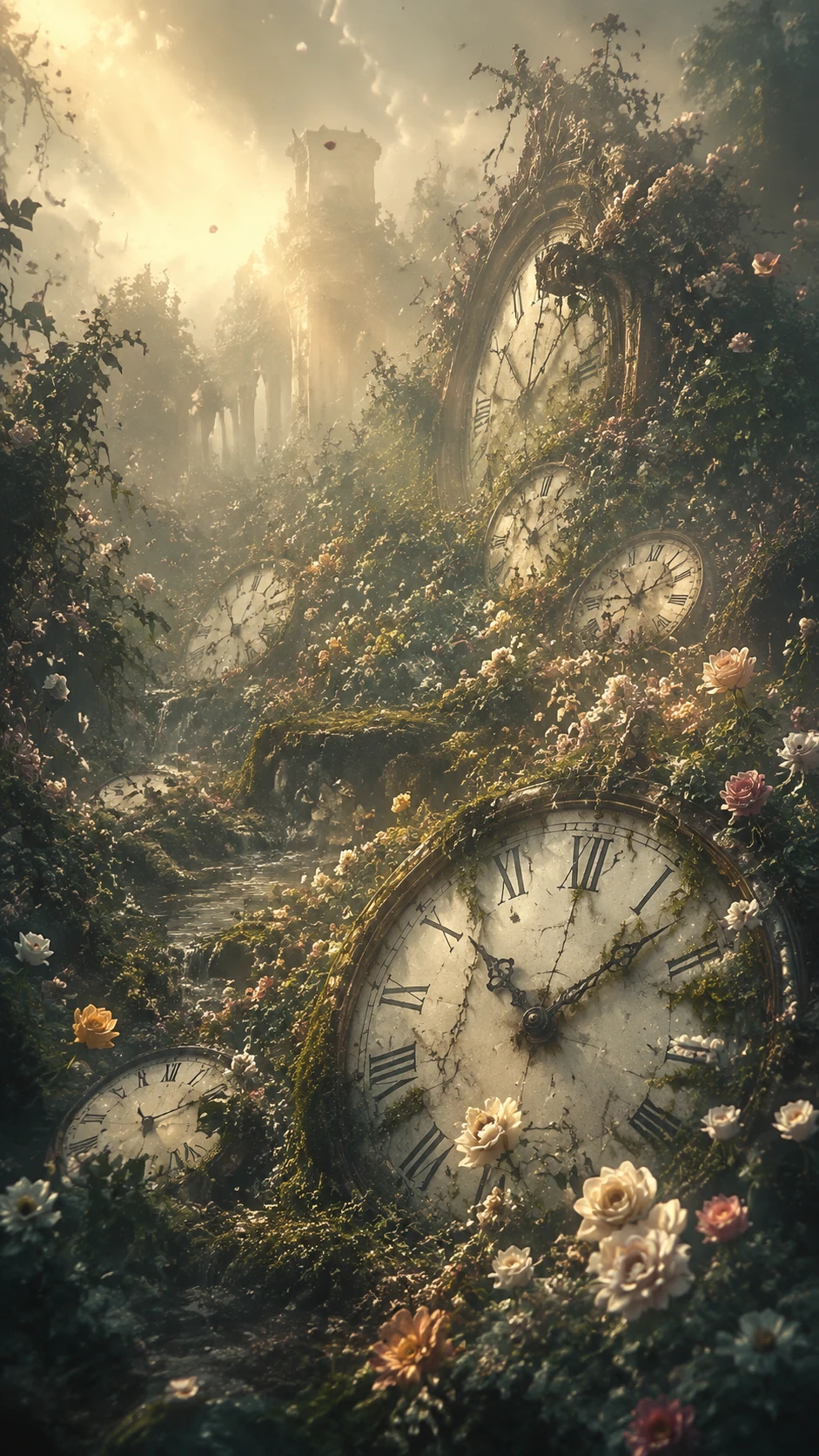 Overgrown Garden Of Broken Clocks Reclaimed By Nature