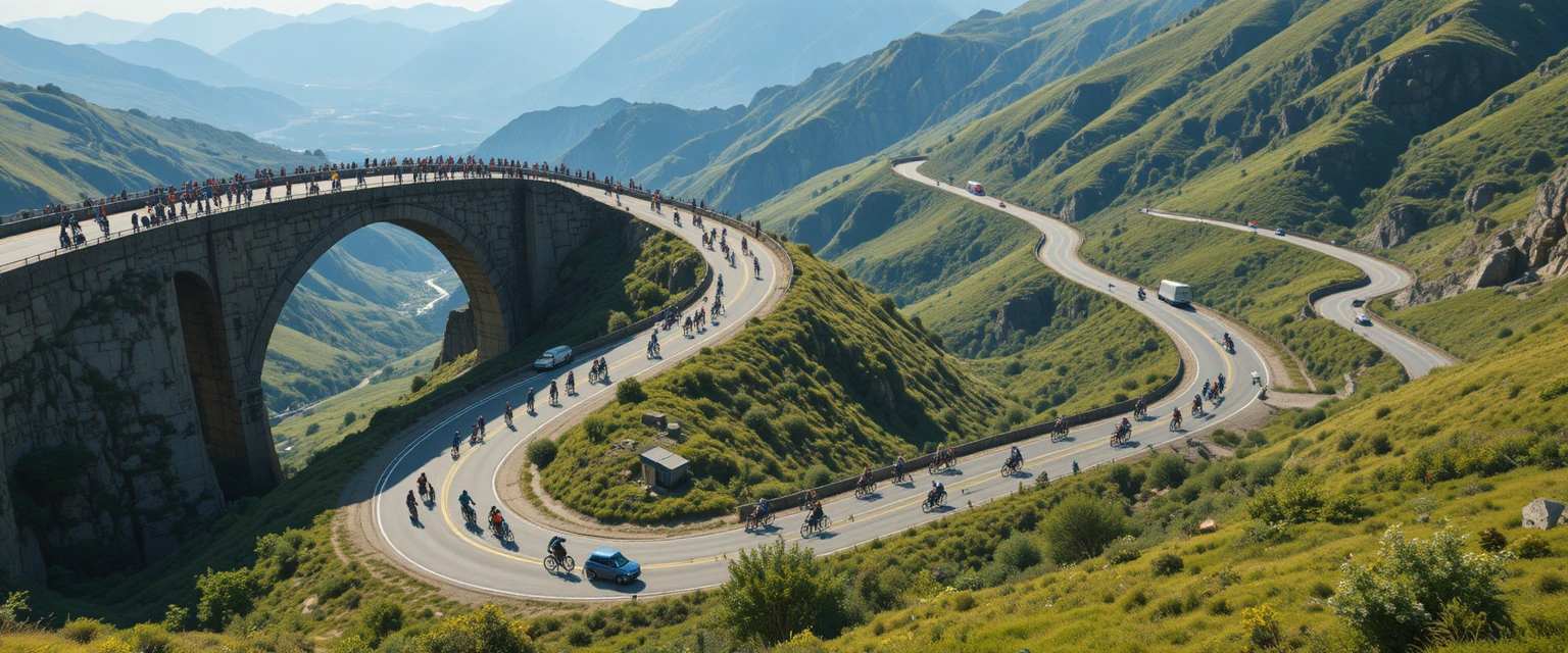 Vista aérea de ciclistas em estrada de montanha sinuosa