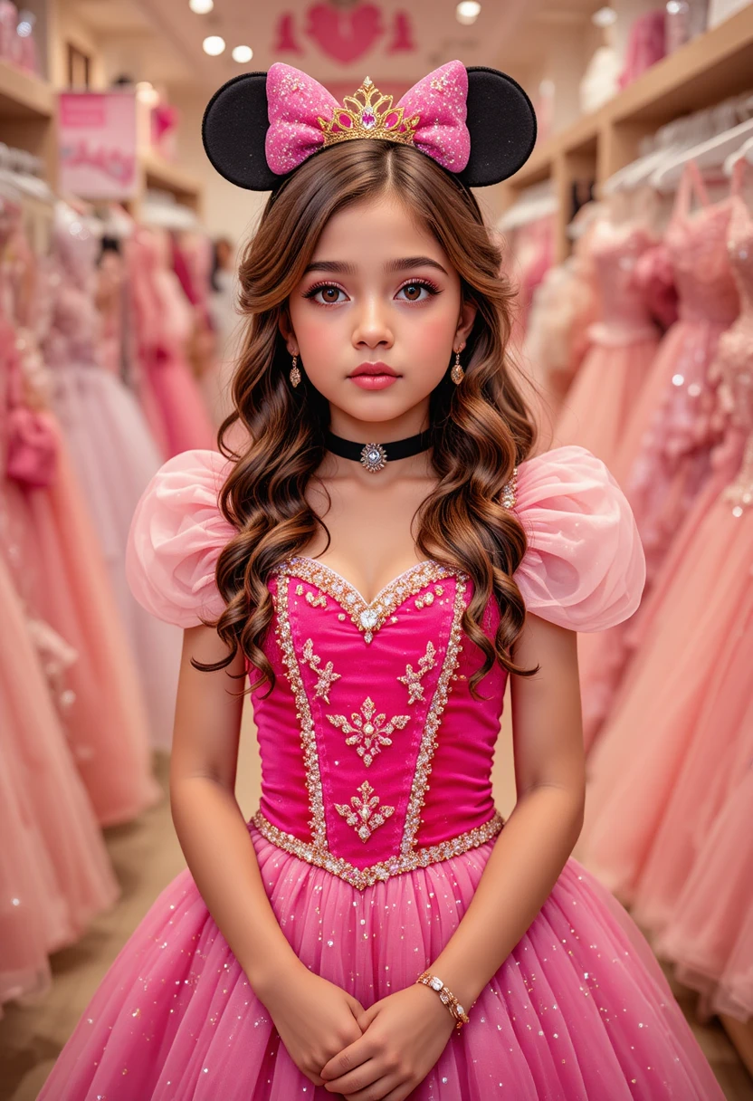 Pré-adolescente nervosa em vestido rosa da Minnie se transforma em princesa