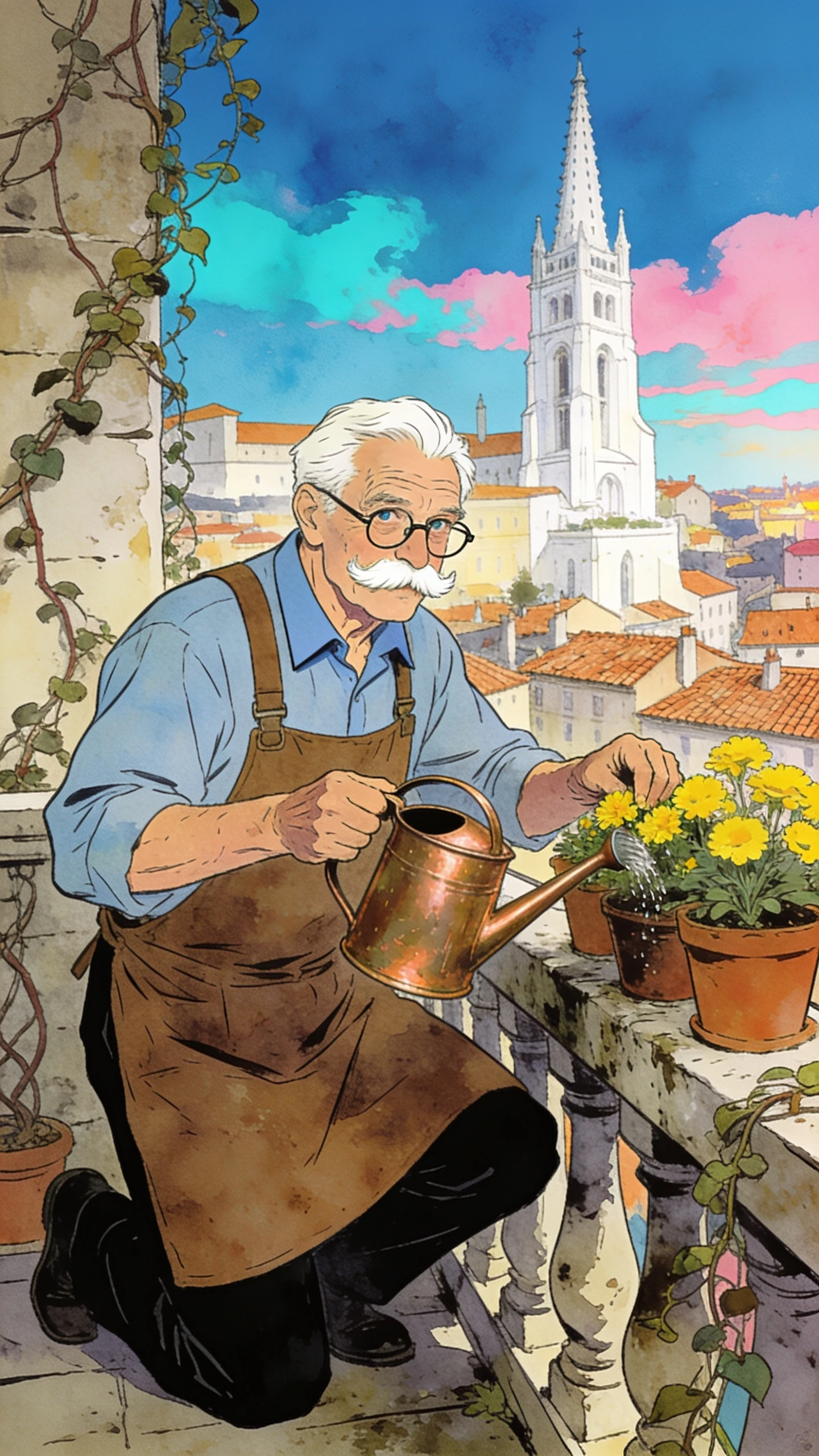 Älterer Gärtner gießt Blumen auf einem steinernen Balkon
