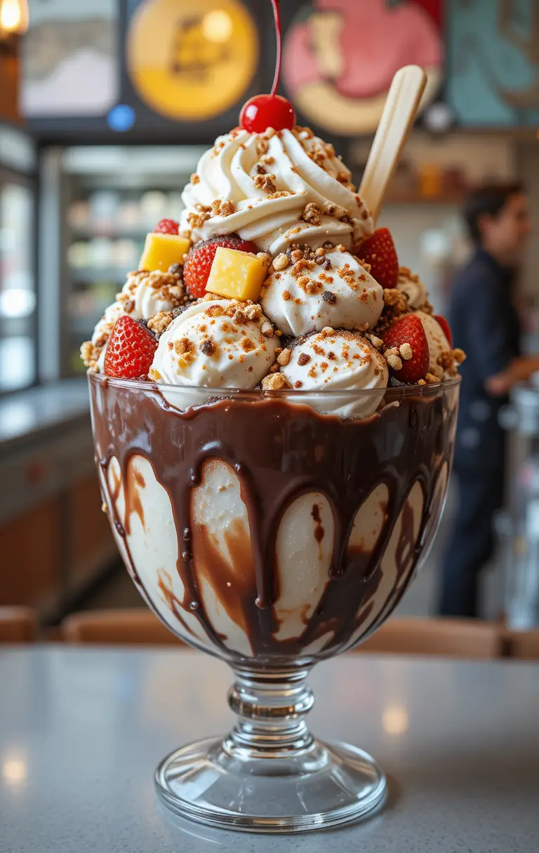 Gigante sundae de hot fudge em taça de vidro com coberturas