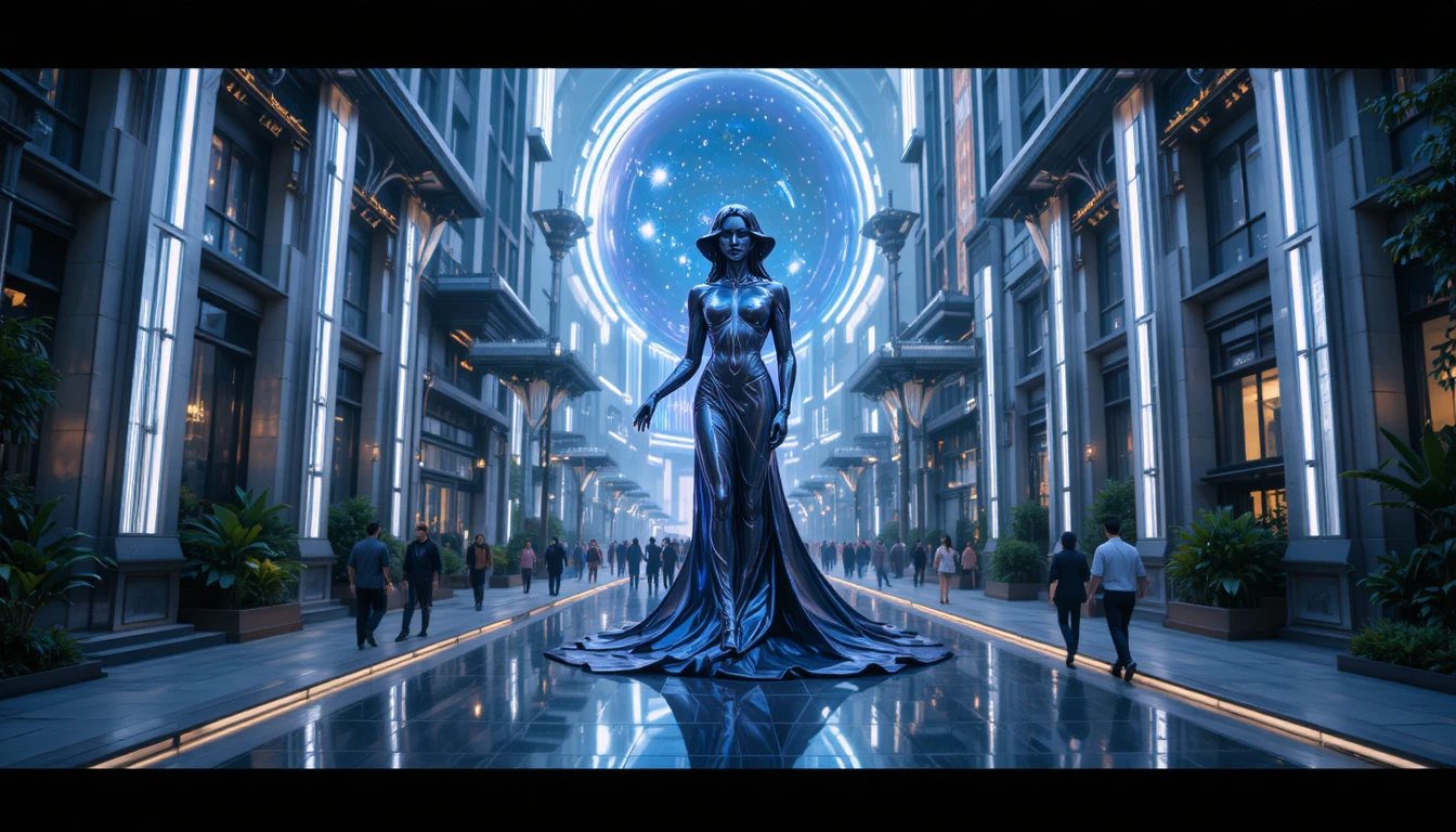 Monument du voyageur en latex sur une place urbaine futuriste